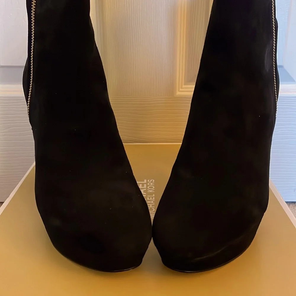 Michael Kors Black Suede Platform Ankle Boot with Gold Zip Accent